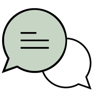 Two speech bubbles, one light green with black lines, and the other black with a black outline, overlapping each other.
