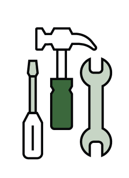 Tools including a screwdriver, hammer, and wrench.