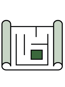 A stylized black and green maze on a black background with rolled-up scrolls on either side.