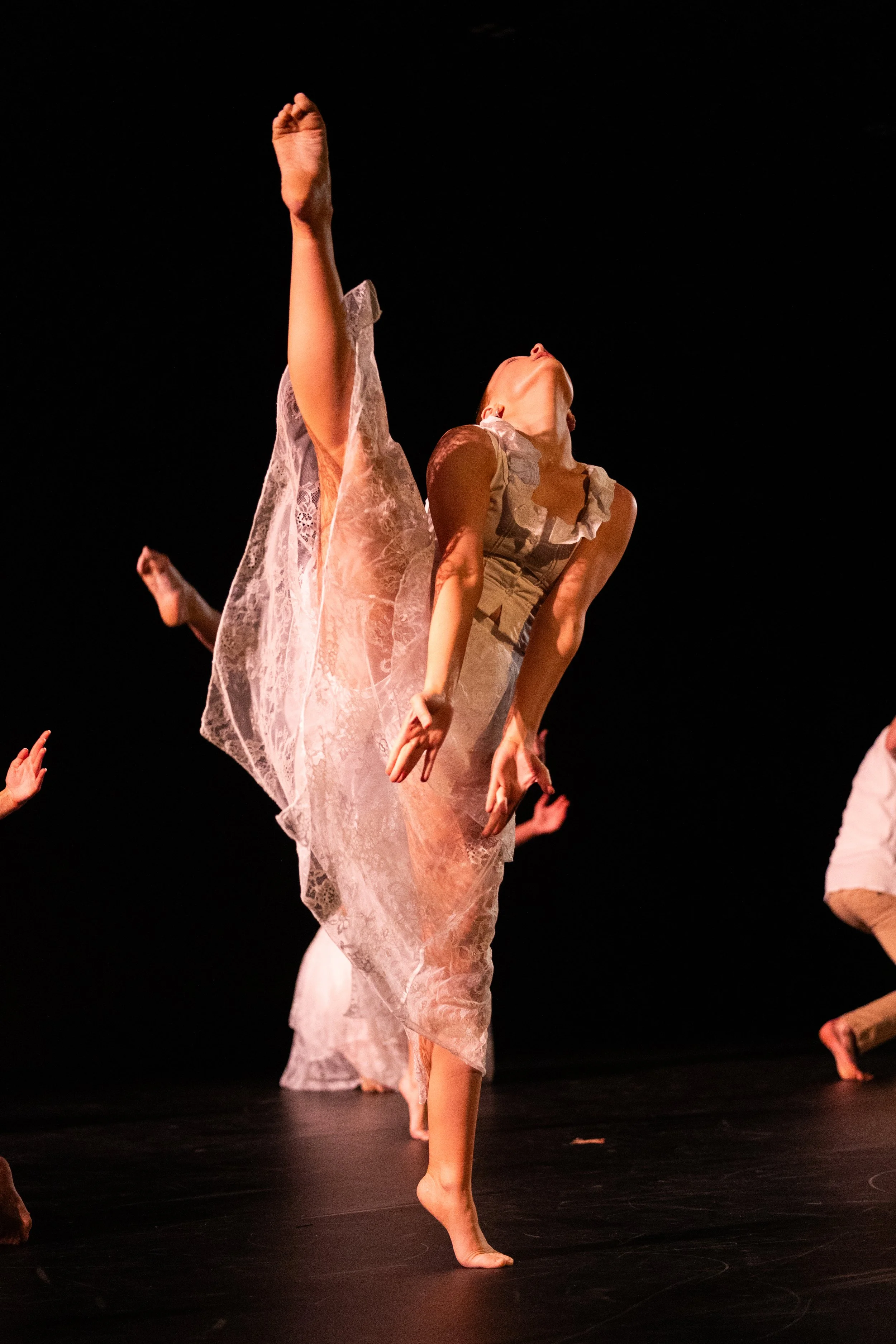 A dancer in a flowing, semi-transparent dress is performing a high kick on stage with a dark background.