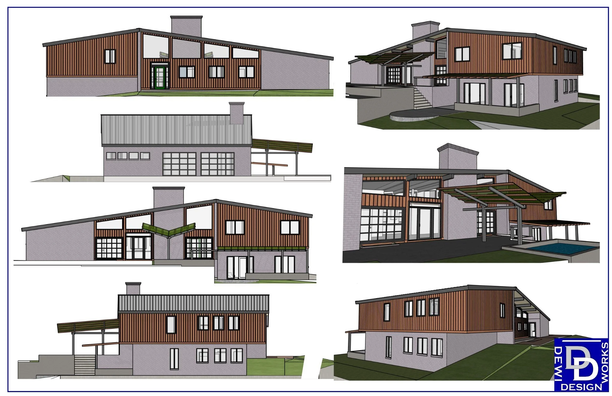 Elevations of midcentury modern house showing proposed changes.