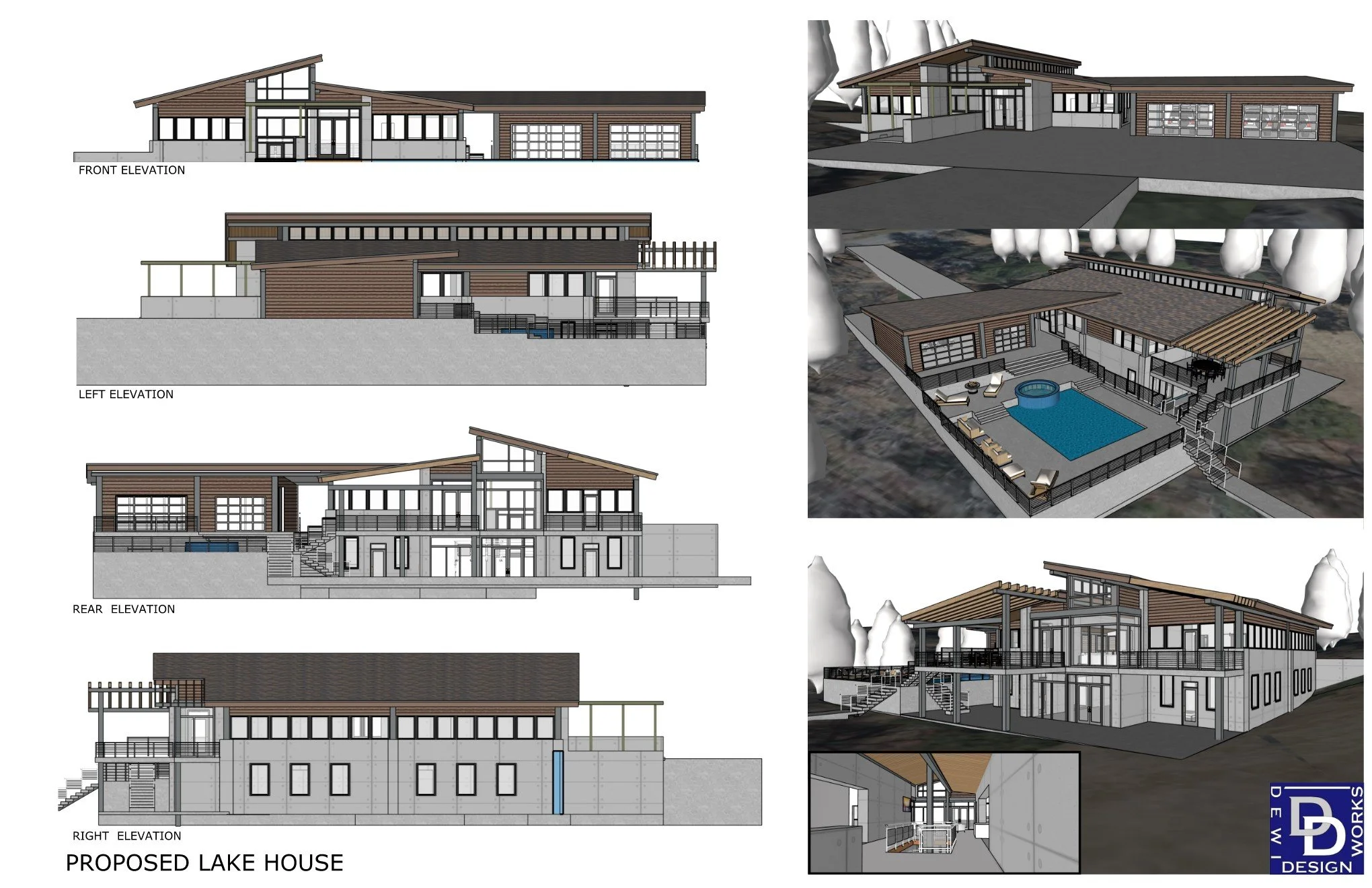 All facades of lake house.