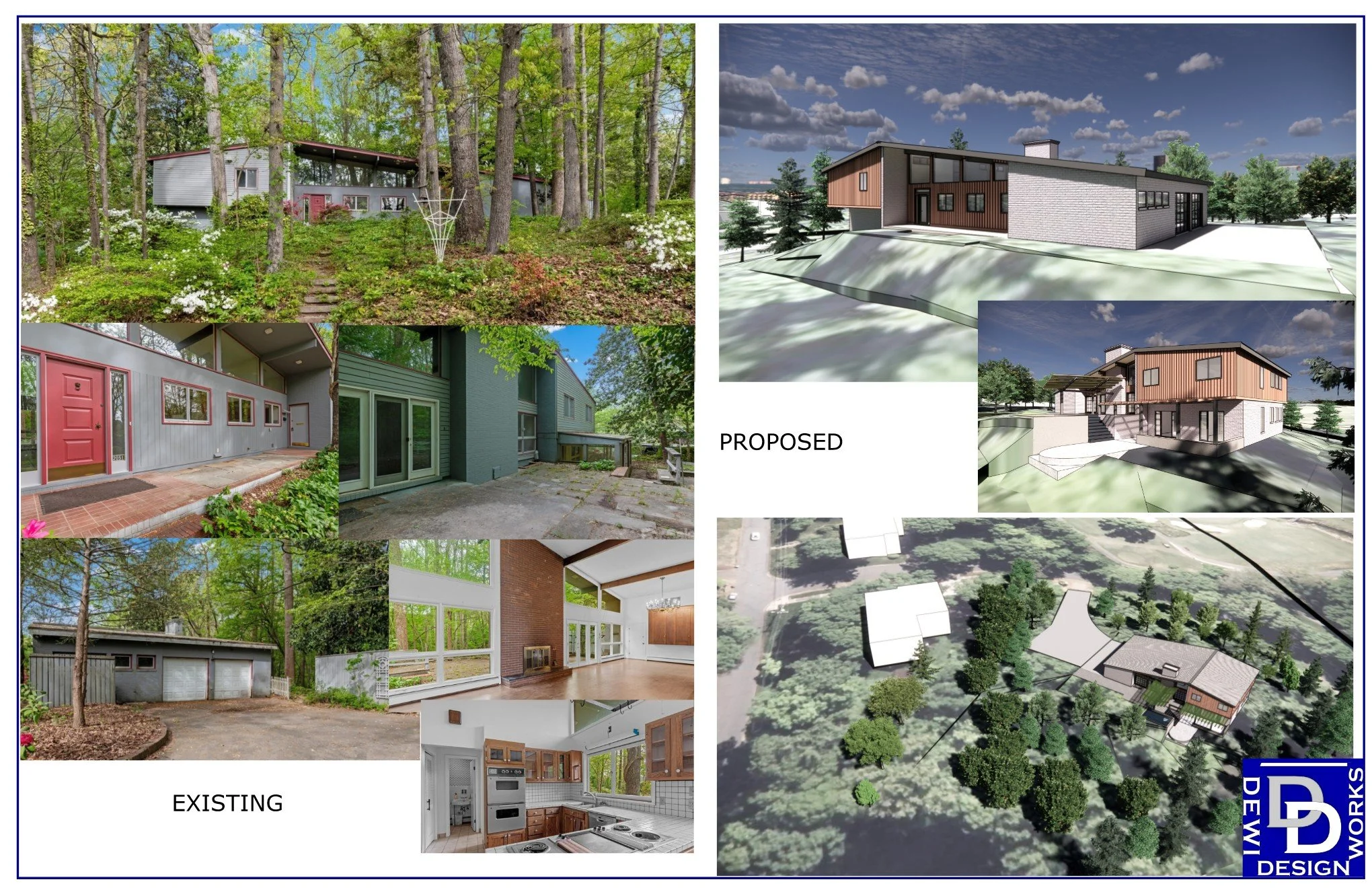 Before photos and renderings of proposed changes to the exterior of a midcentury modern house.