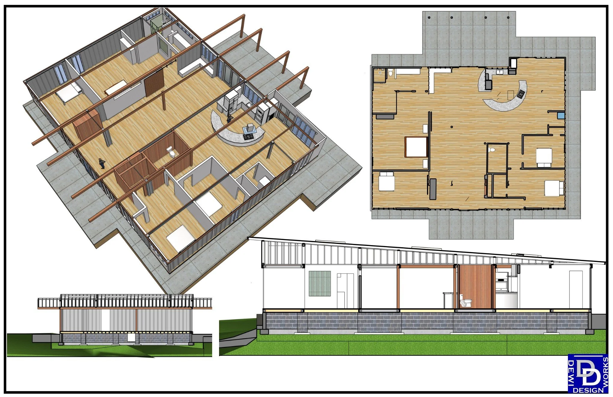 Shipping container house floor plan. Open concept, energy efficien, minimal framing, modern design, innovative materials, recycled materials.