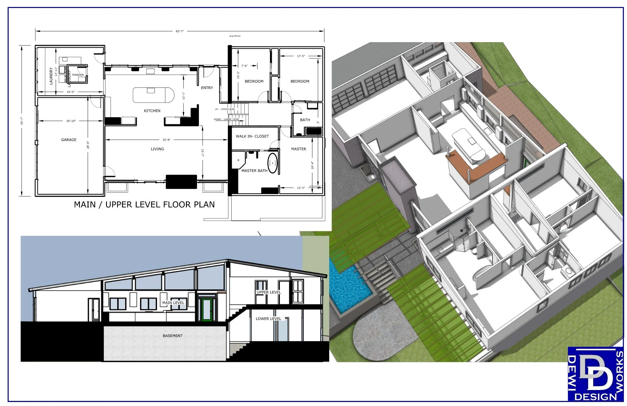Main level floor plan of midcentury modern house showing proposed renovation changes. Kitchen, primary bedroom and bathroom, laundry and utility room.