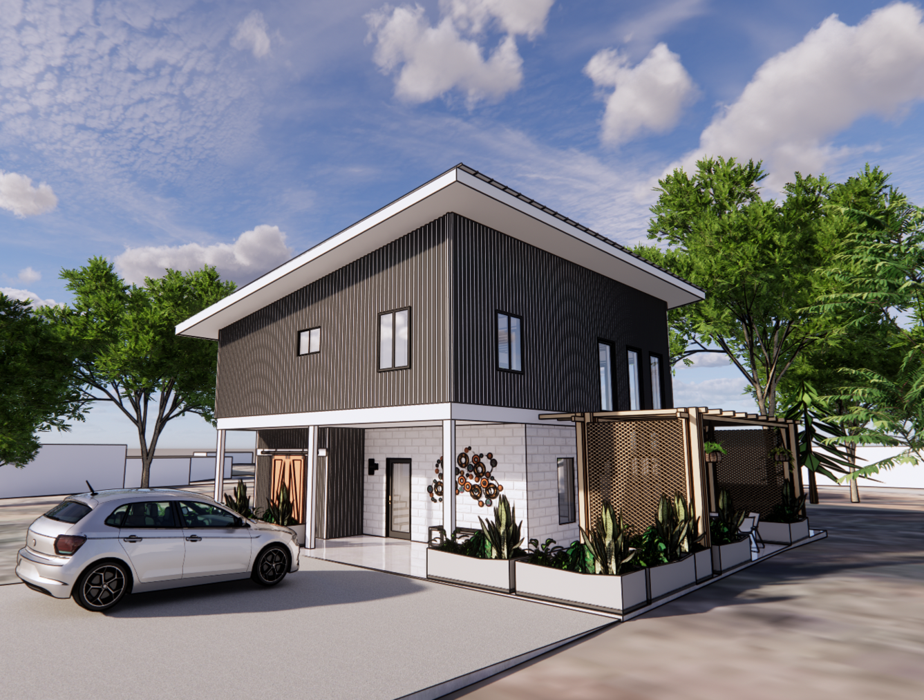 Modern small house designed with a small footprint for construction on smaller lots or on hard to build sites. Cost-effective, low maintenance, modern architecture.
