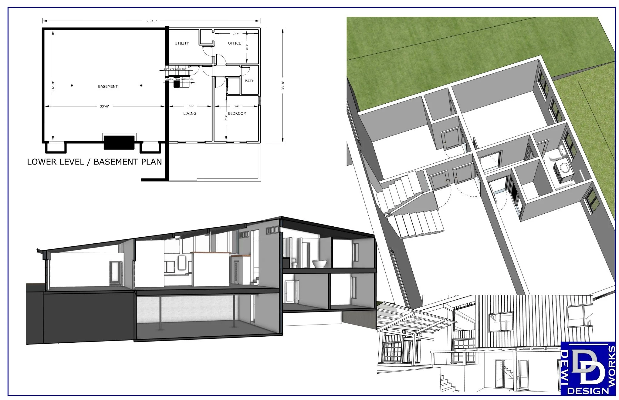 Lower level floor plan of midcentury modern house showing proposed renovation changes. Secondary bedrooms, bathroom, and basement.