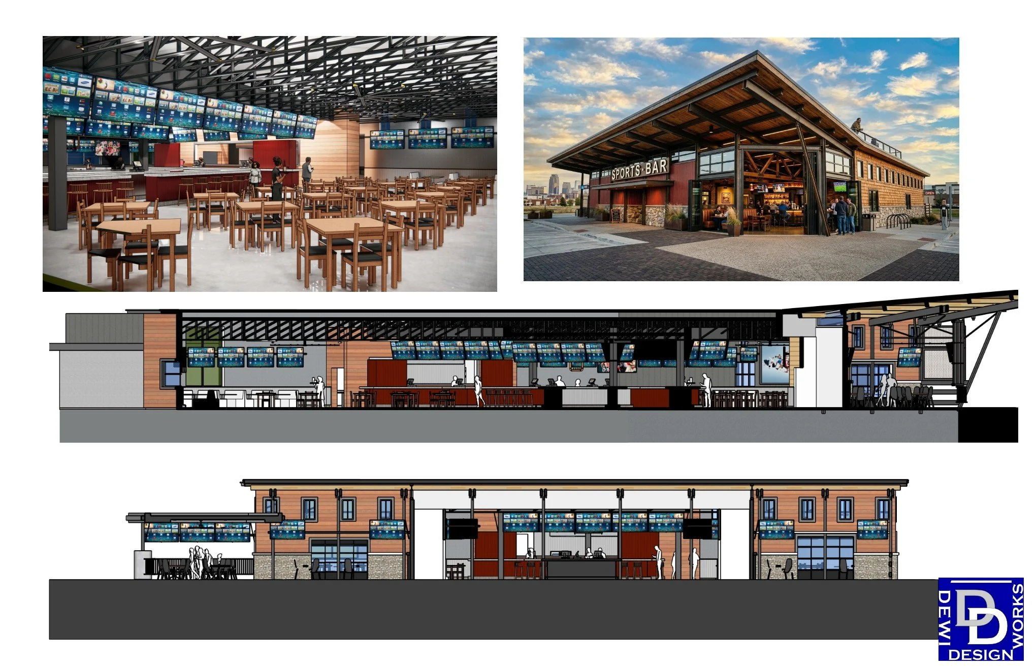 Sports bar interior views. Commercial design, restaurant, layout.