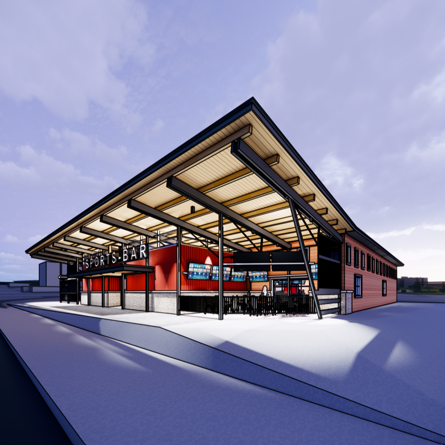 Sports bar rendering. Commercial project, elevation.