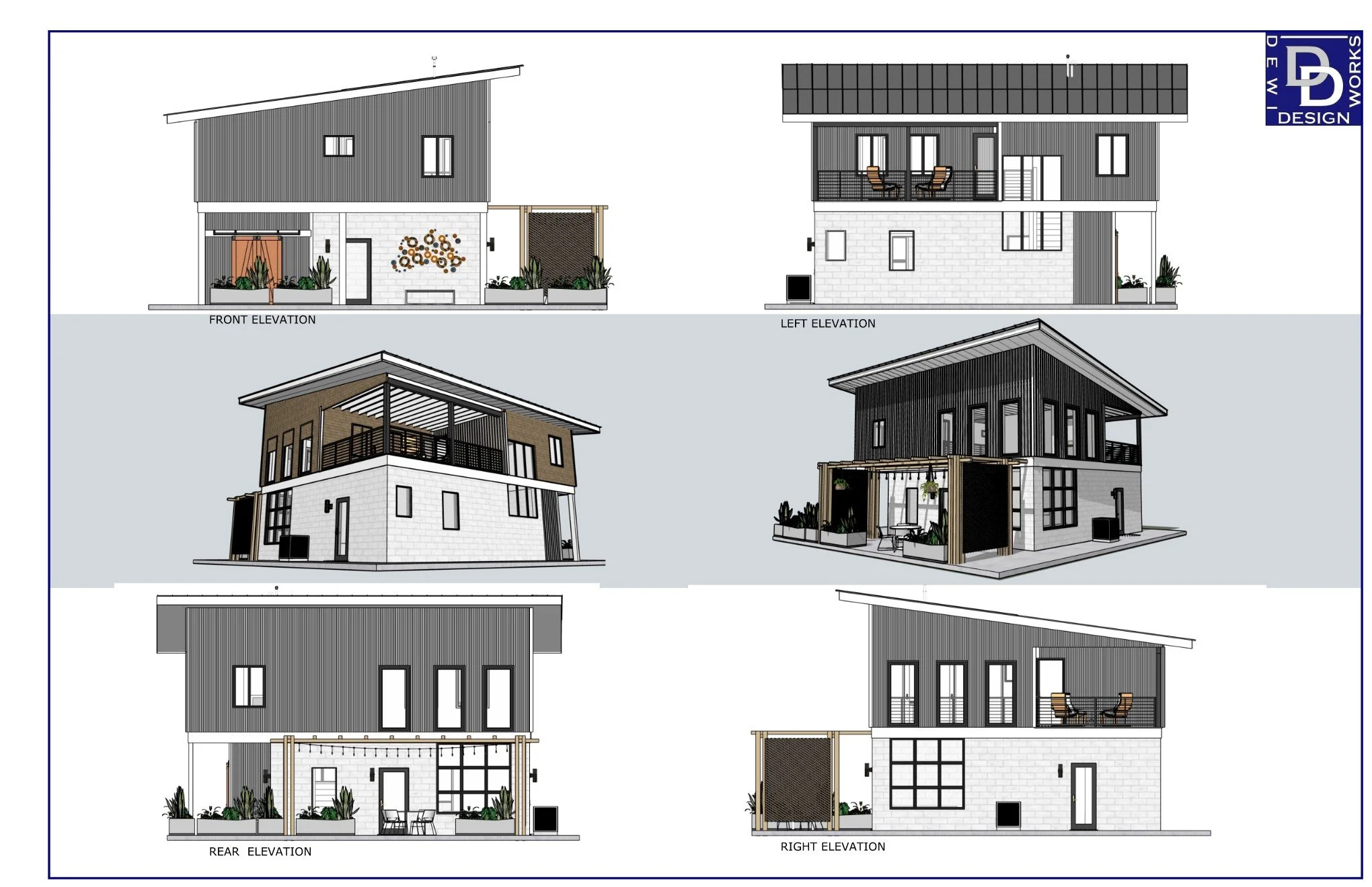 Small house elevations. Modern architecture designed for small sites, cost-effective, low maintenance.