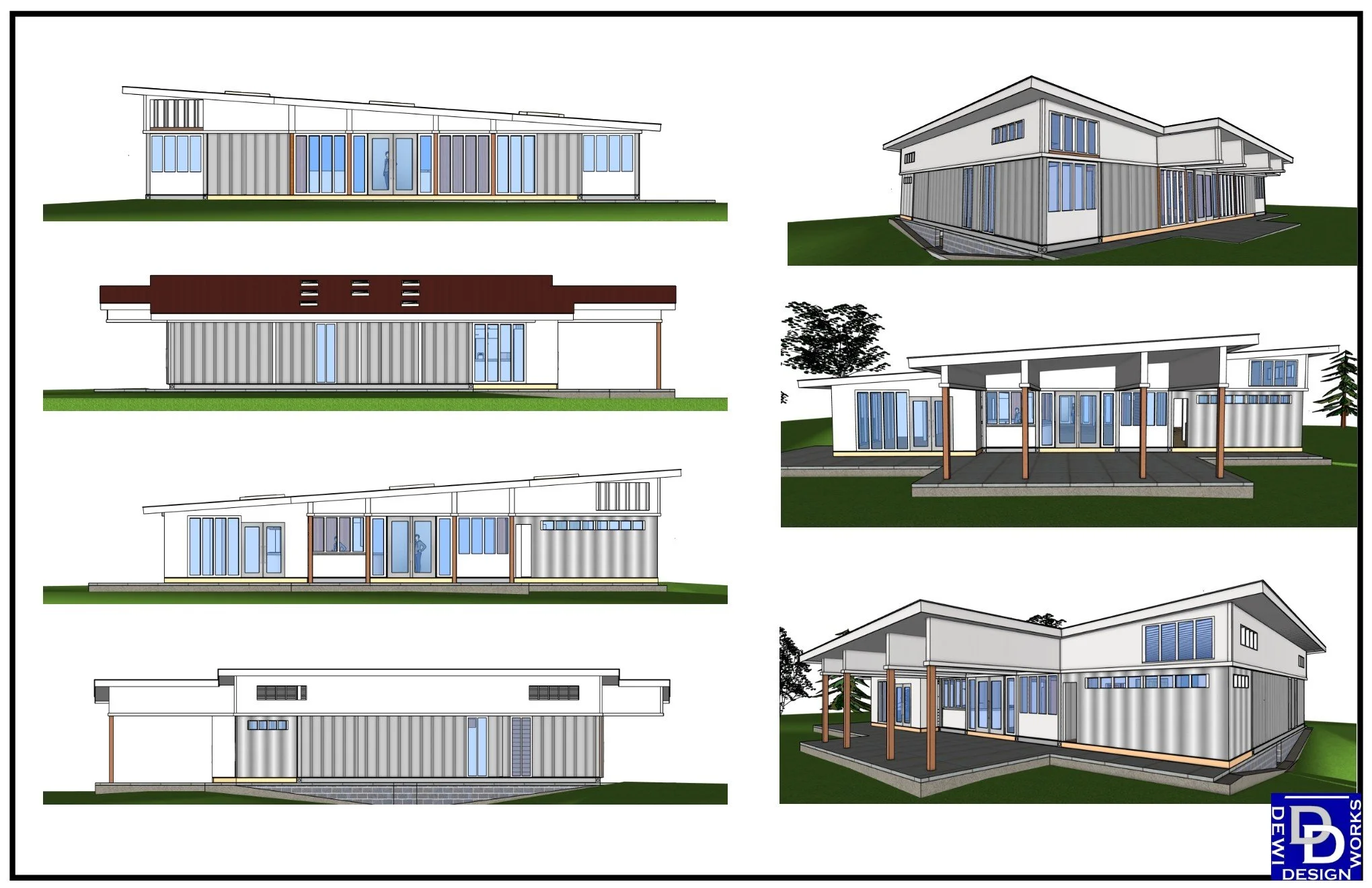 Shipping Container House. Exterior Elevations. Shed roof, steel structure, minimalism, modern design, durability, fewer materials, faster construction.