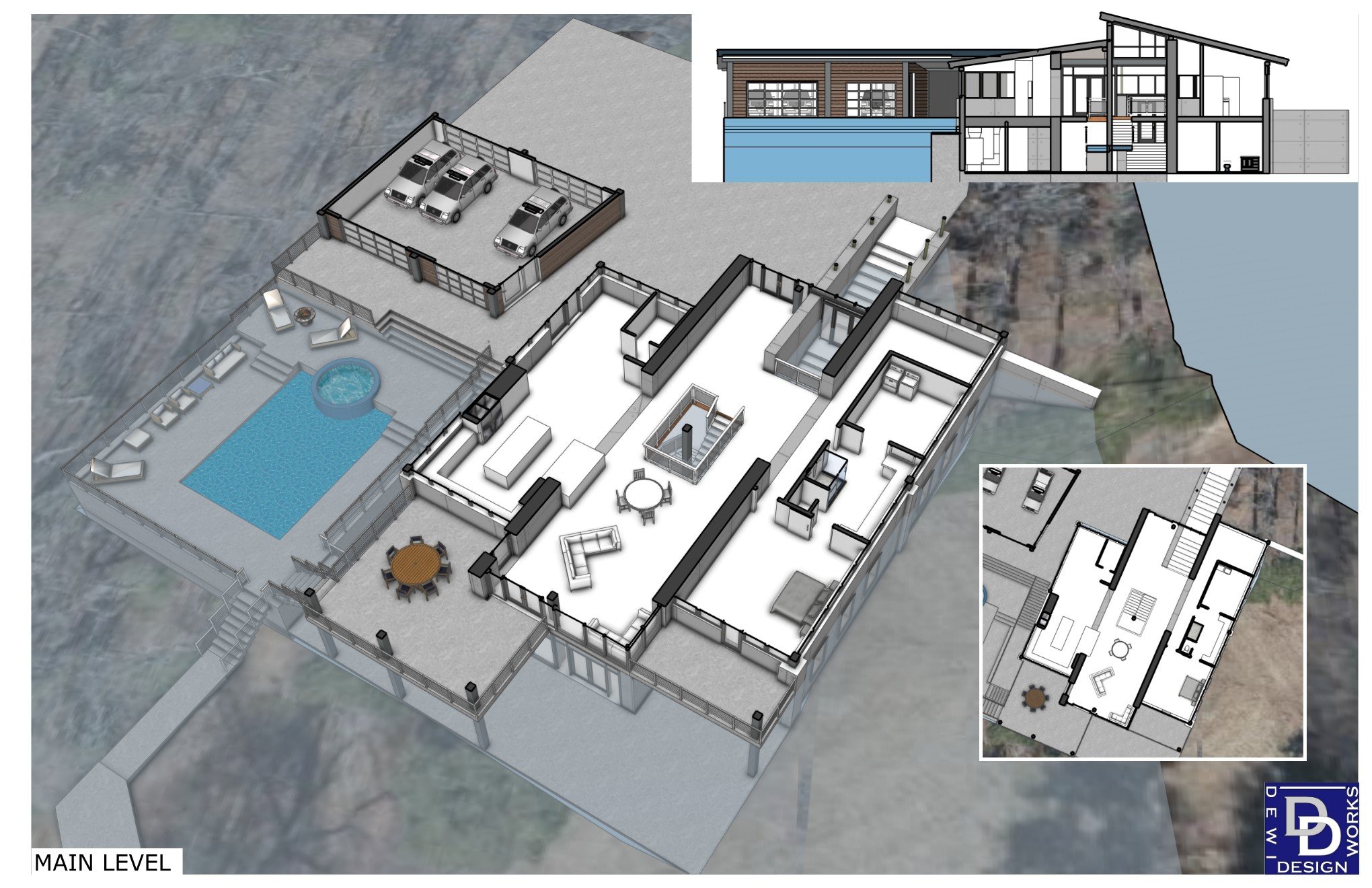 Main level of lake house. Kitchen, bathroom, primary bedroom, living room, pool, patio, decks, multi-car garage, outdoor living spaces.