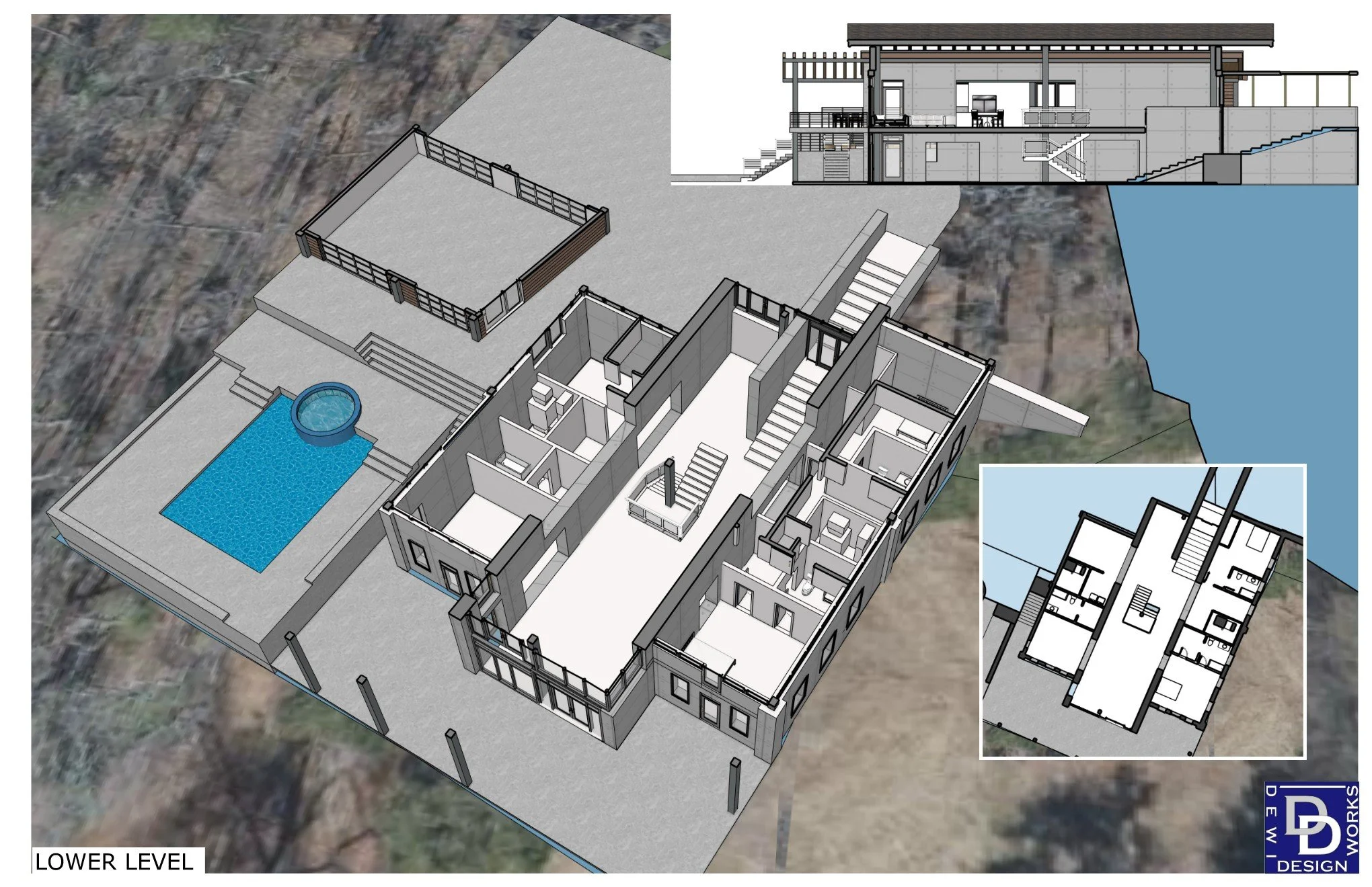 Lower level of lake house. Secondary bedrooms, guest bedrooms, guest bathrooms, patio, outdoor living spaces.