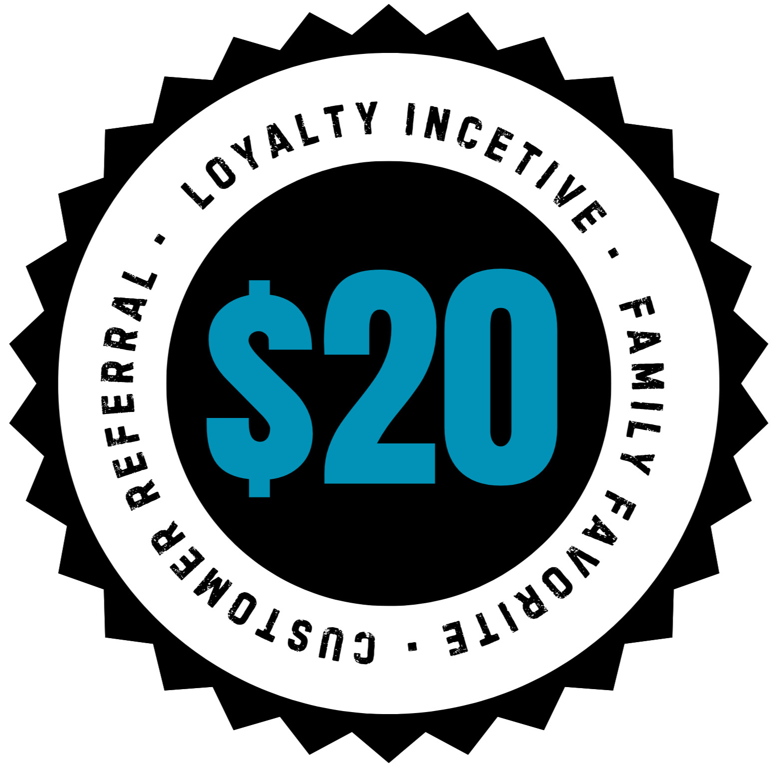 Promotional badge featuring a large blue $20 in the center with a black outline, surrounded by a white circular border that reads 'LOVETY INGEATIVE', 'FAMILY', 'GOURMET', 'CERTIFICATE', and 'RESEARCH' in black text.