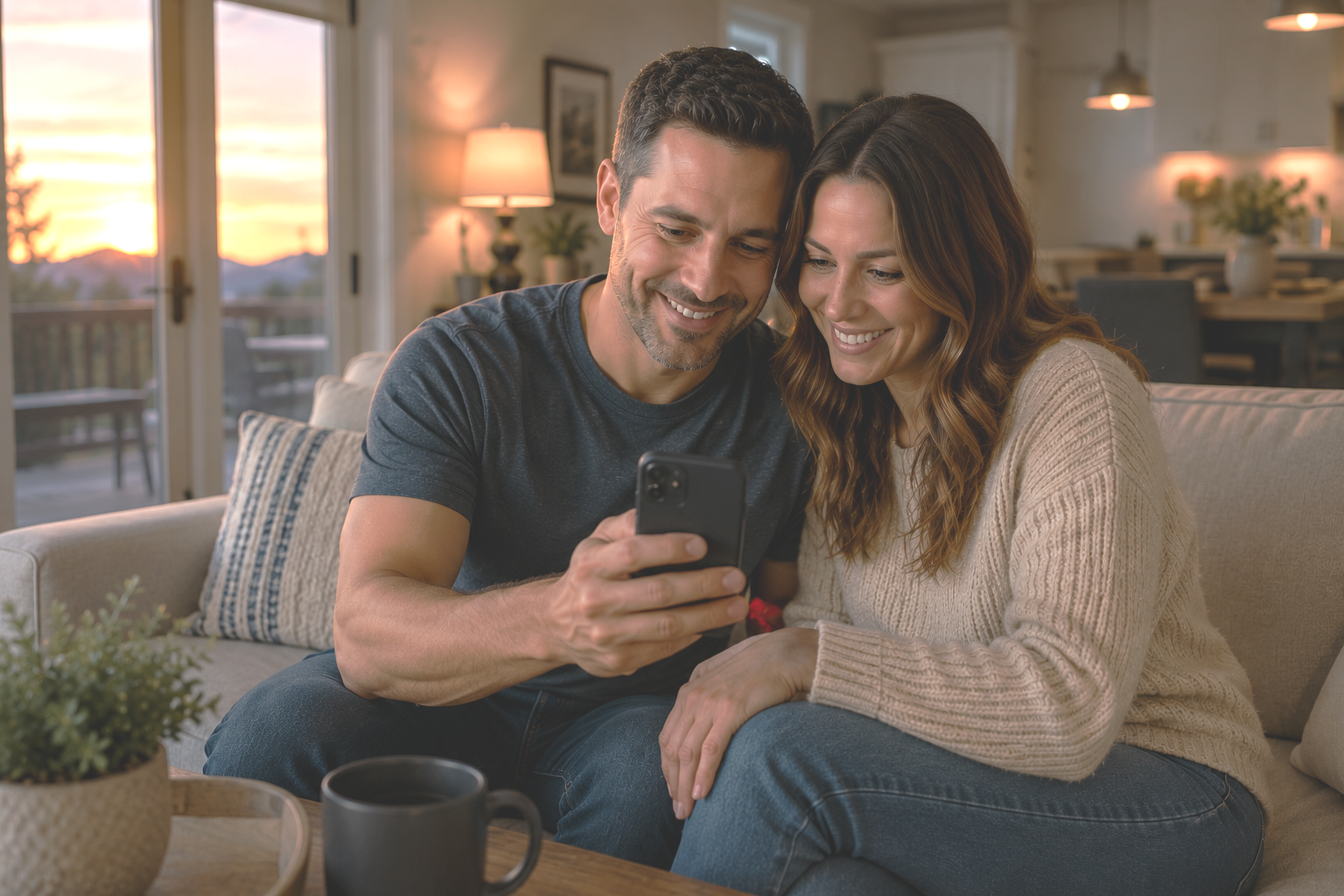 A smiling young couple sitting on a sofa in a cozy living room, looking at a smartphone together.