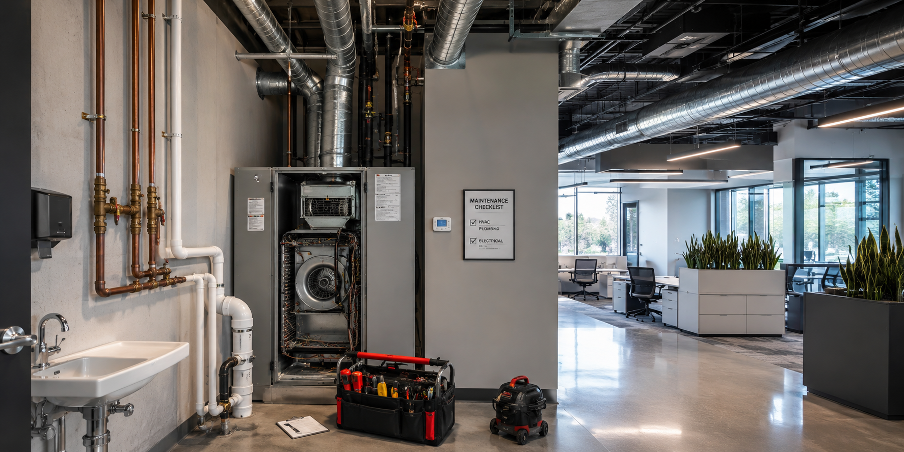 Open HVAC unit with tools and equipment nearby in an office building, with a maintenance checklist on the wall and a spacious, modern office area with desks and chairs in the background.