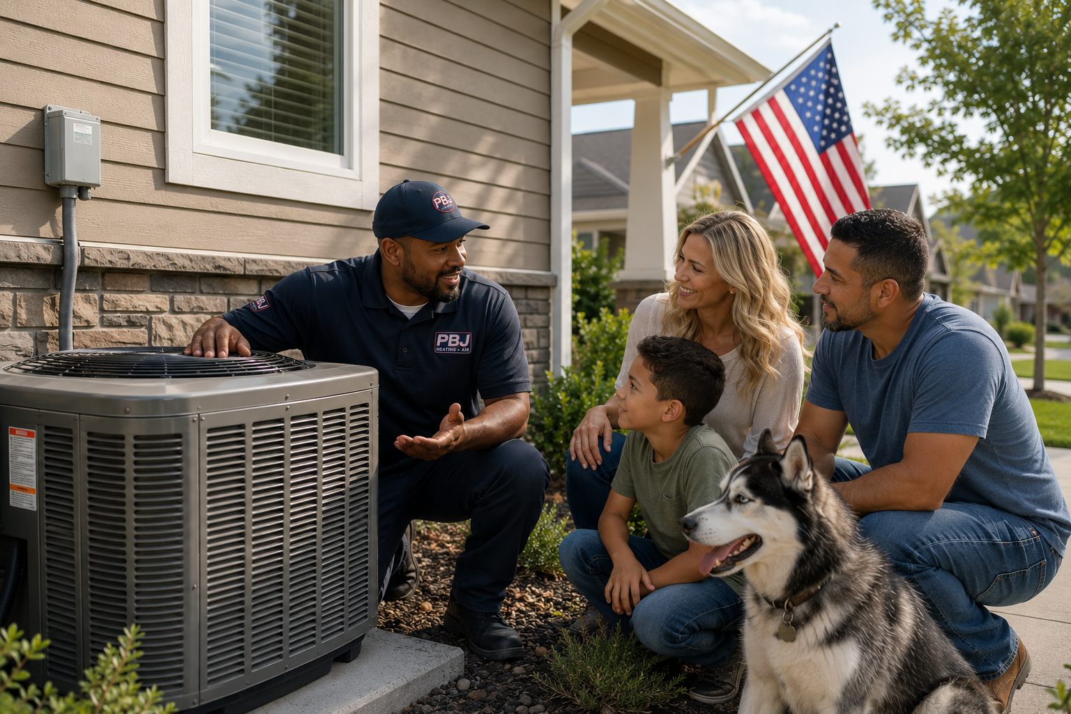 A heating and cooling technician talking to a family outside their house. The family includes a woman, a man, a boy, and a husky dog. An American flag is visible in the background.