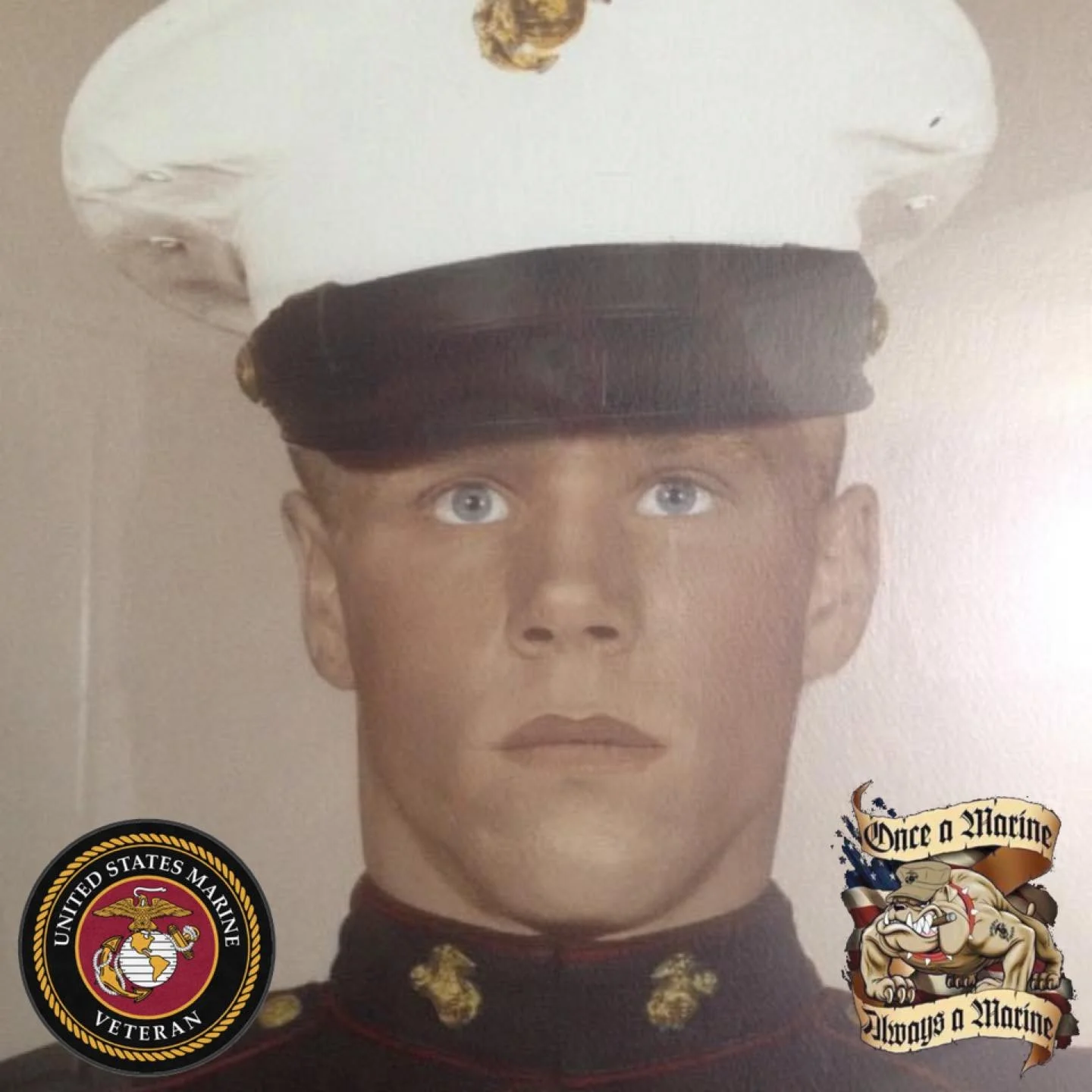 Photograph of a person in a U.S. Marine uniform with three patches: one on the left arm reading 'United States Marine Veteran,' a second on the chest with a Marine emblem, and a third on the right side featuring a bulldog with a banner that says 'Once a Marine Always a Marine.'