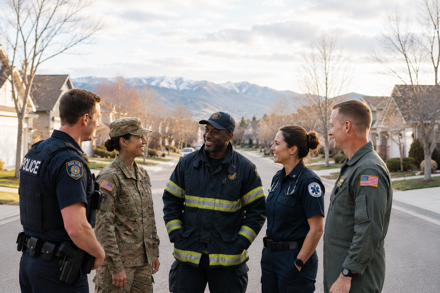 A group of five emergency responders, including police officers, a firefighter, and paramedics, talking and smiling on a suburban street with houses and snow-capped mountains in the background.