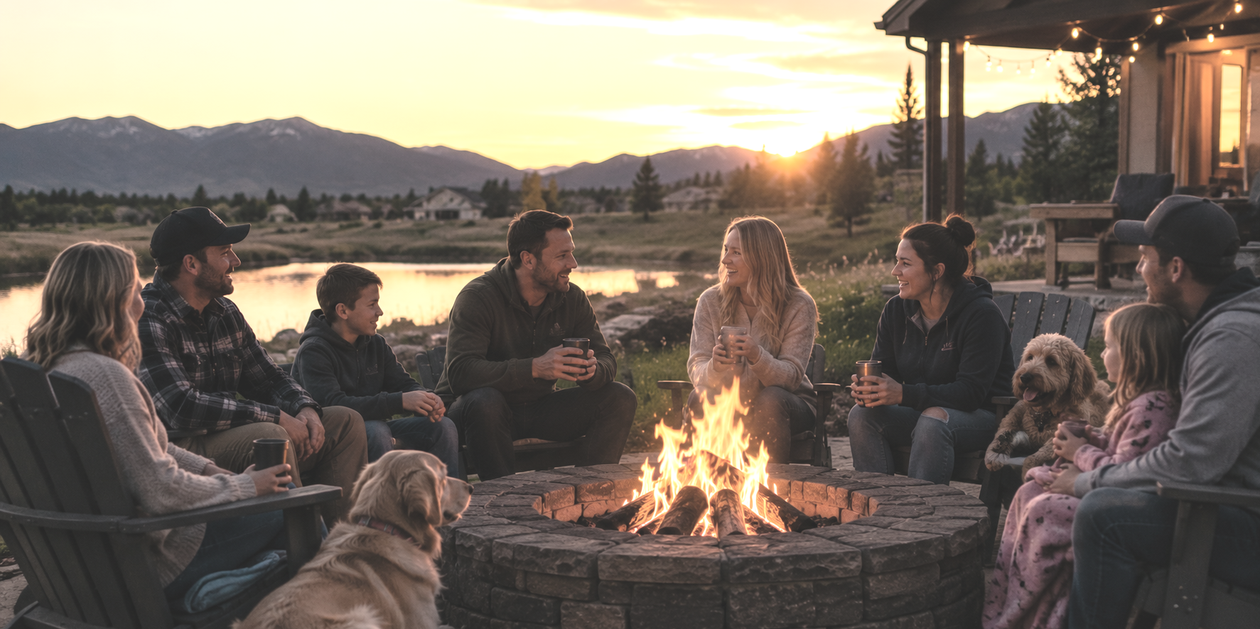 Group of people sitting around a campfire at sunset with mountains and a lake in the background
