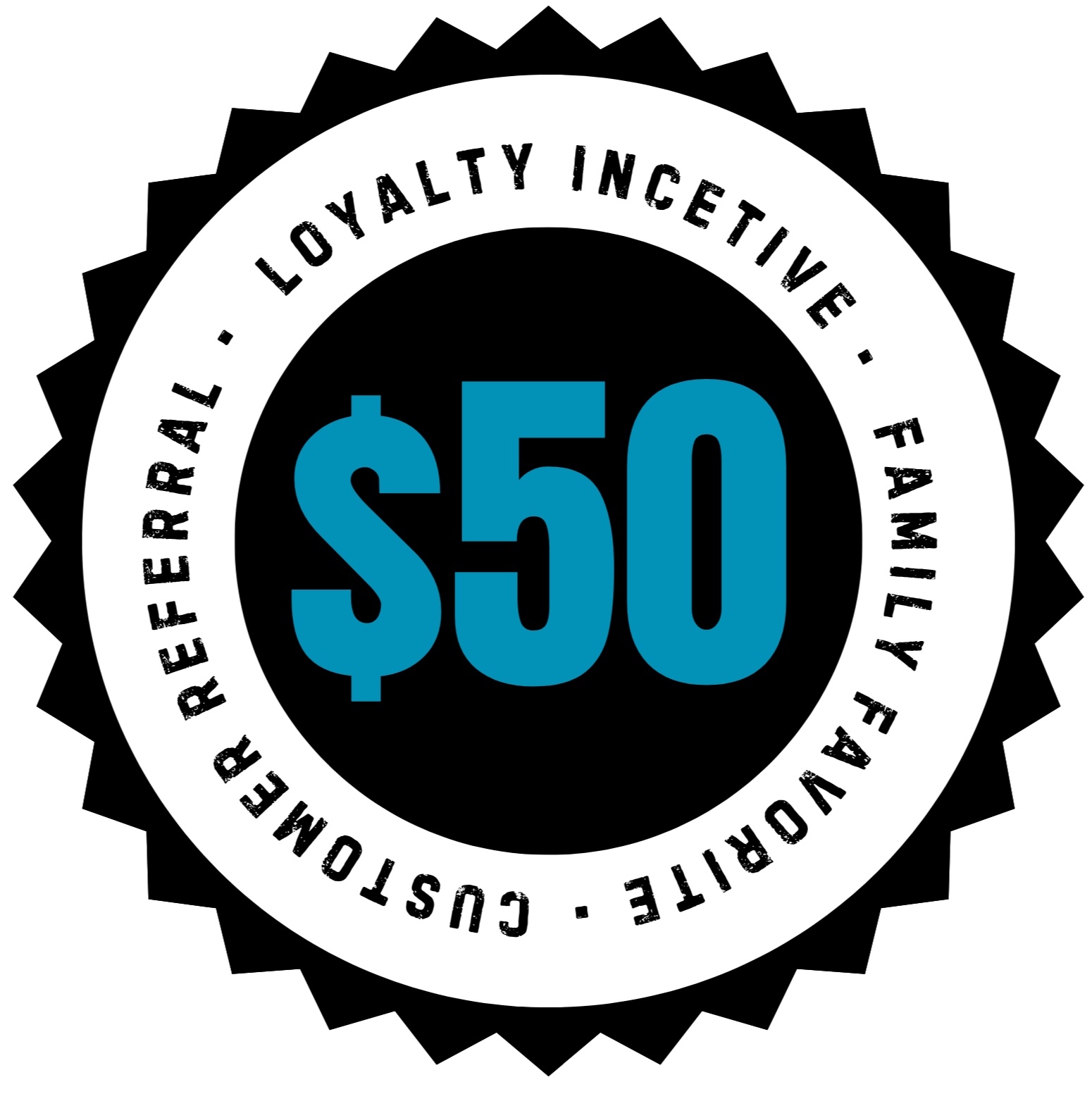 Black background with white circular badge featuring bold blue text '$50' in the center. Surrounding the badge in black text on a white border are words promoting low-activity, low-fat, family-oriented fishing, outdoor, and recreational activities.