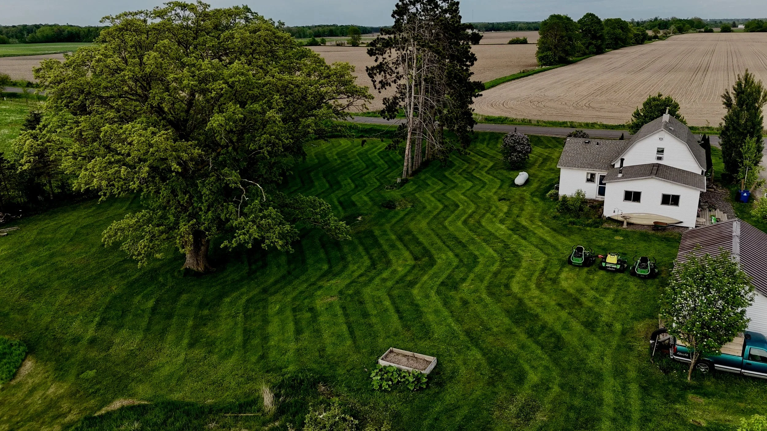 Aerial view of a backyard with freshly mowed grass in pattern, large tree, smaller trees, a house, and open fields in the background.
