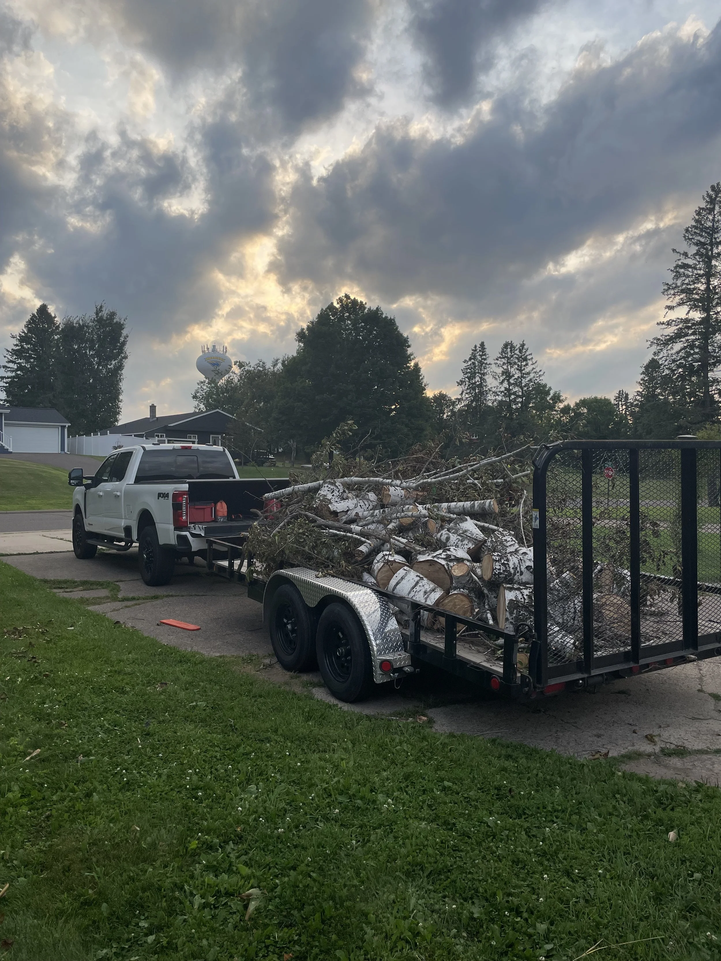 A white pickup truck with a trailer filled with cut tree branches and logs parked on a driveway. The background includes trees, houses, a water tower, and a cloudy sky.