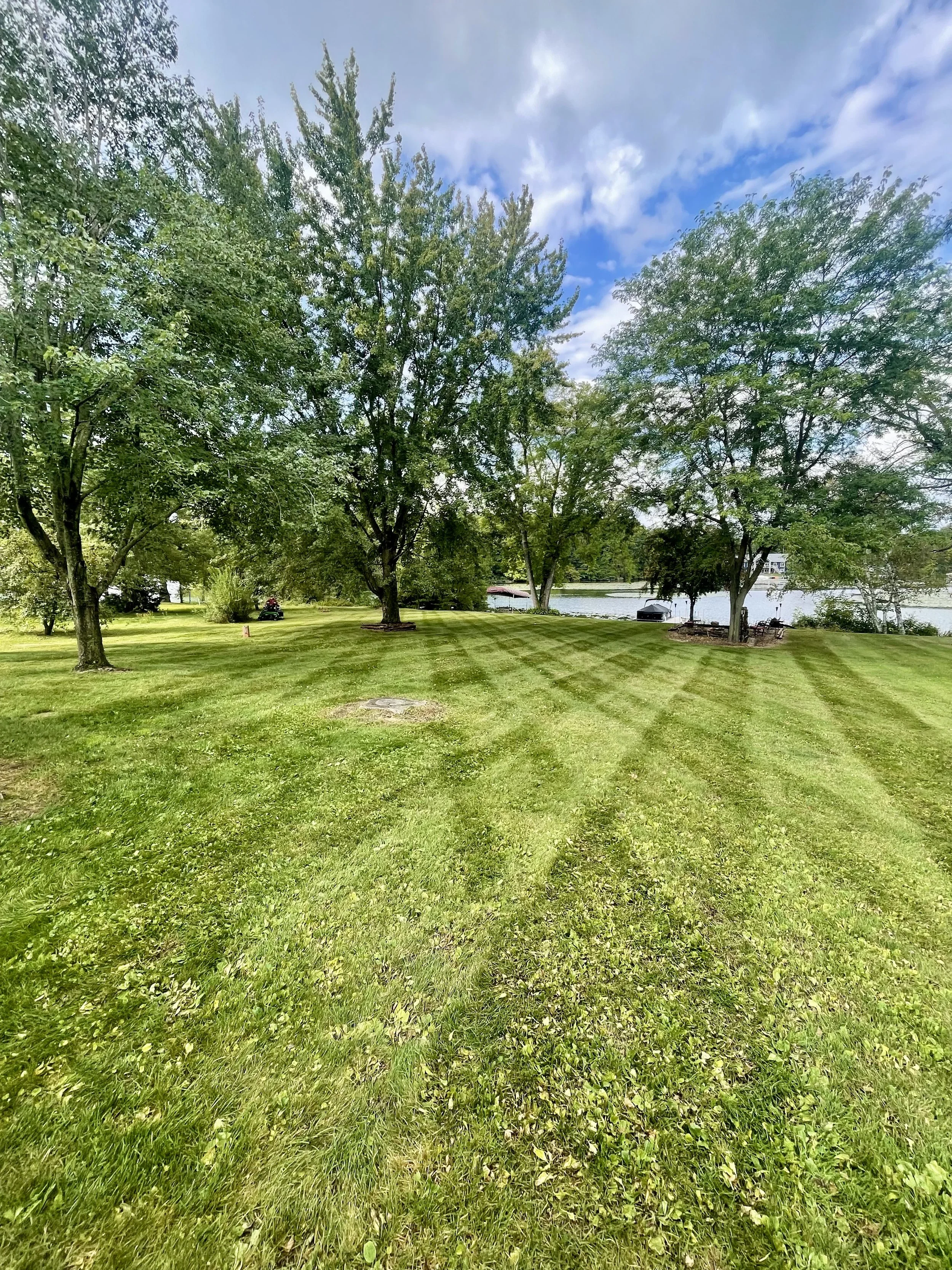 A lush green park with freshly mowed grass, tall trees, a lake in the background, and a partly cloudy sky.