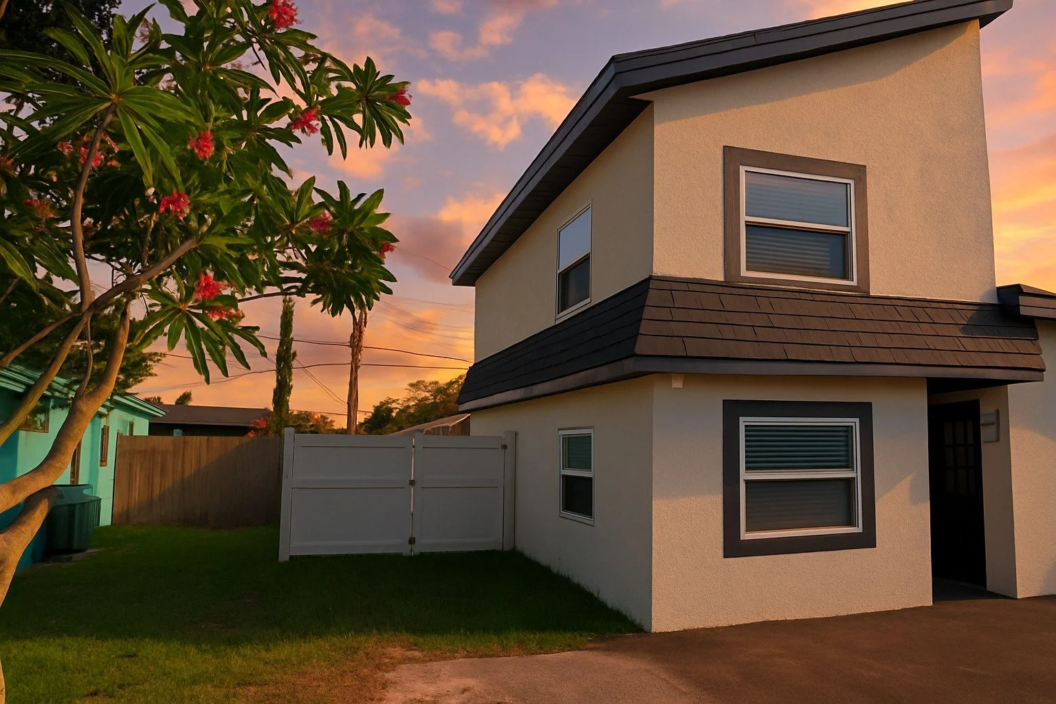A two-story house with cream-colored stucco walls, dark gray window frames, and a black roof, set against a sunset sky, with a white fence and a tree with pink flowers in the foreground.