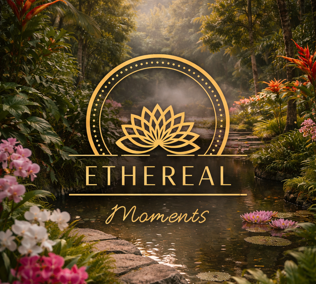 A serene tropical garden scene with lush green foliage, pink and white flowers, and a calm water body with lily pads. Sunlight filters through the trees, creating a peaceful atmosphere. Overlaid is a gold geometric lotus logo with the words 'ETHEREAL Moments' in elegant font.