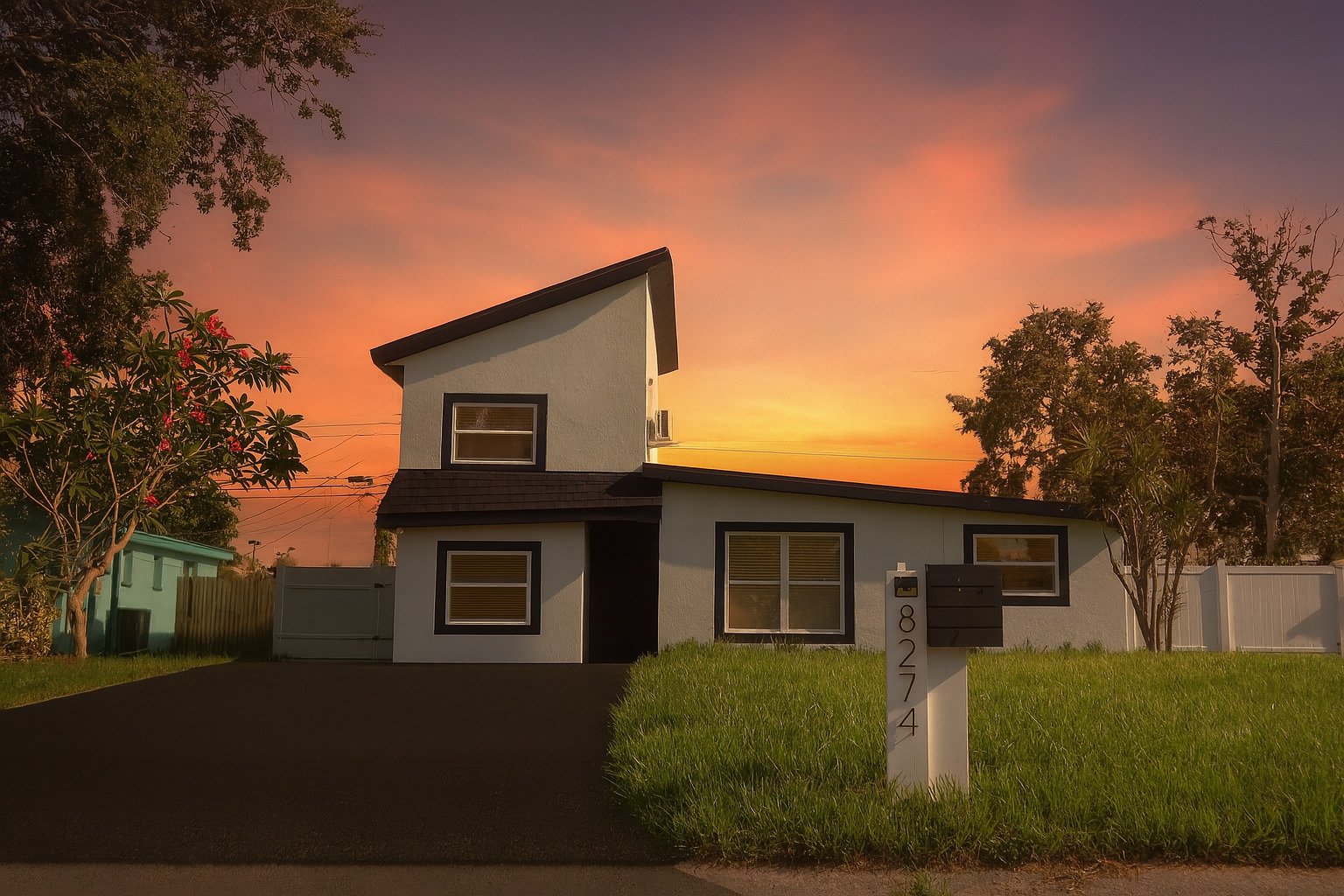 A modern, white house with black trim and unusual architectural design, featuring tilted roof sections, at sunset. Grass lawn with a mailbox displaying the number 8274, trees, and a dark paved driveway.