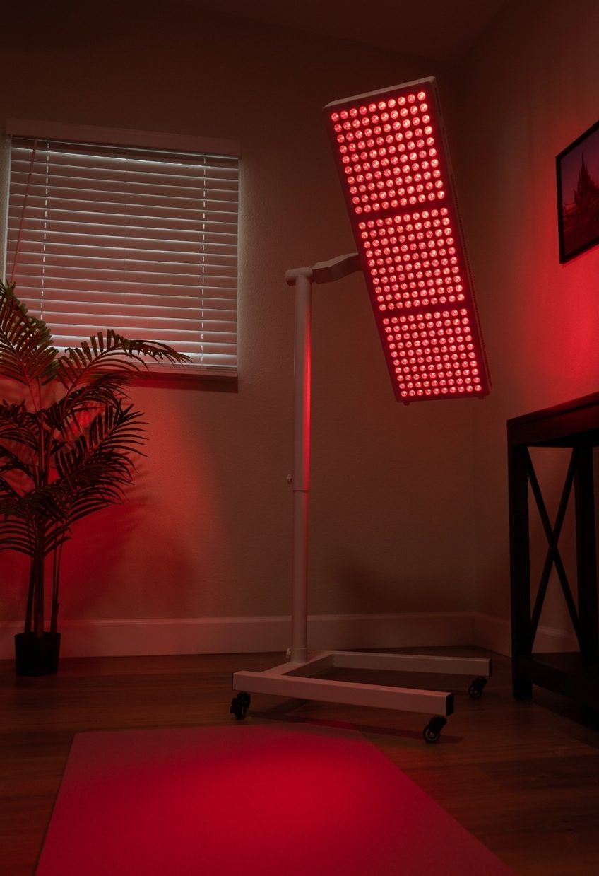 Indoor LED grow light with red and white lights on a white stand, illuminating a room with a window with blinds, a potted plant, and a black table.