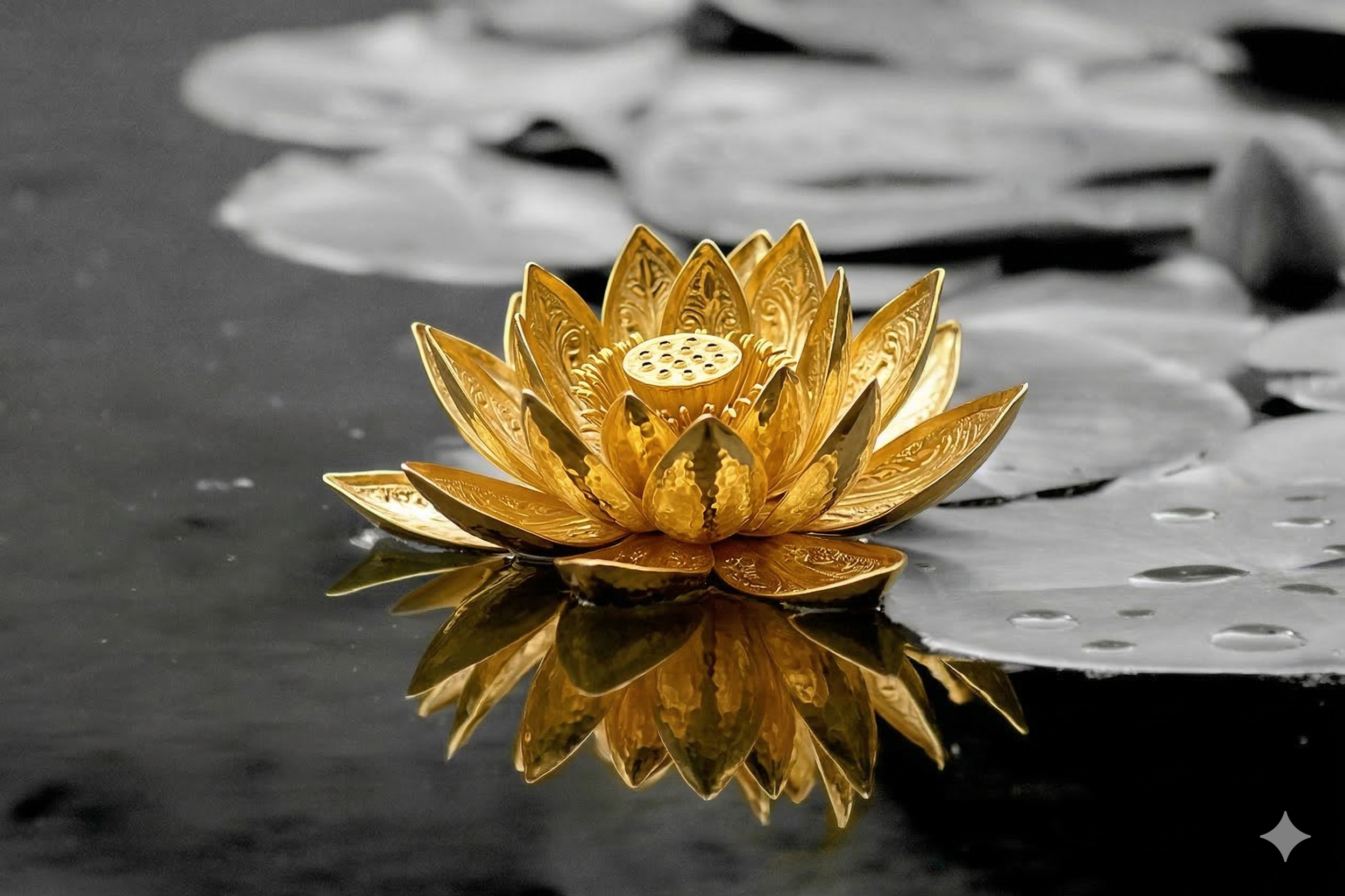 A gold decorative lotus flower floating on water with reflections.