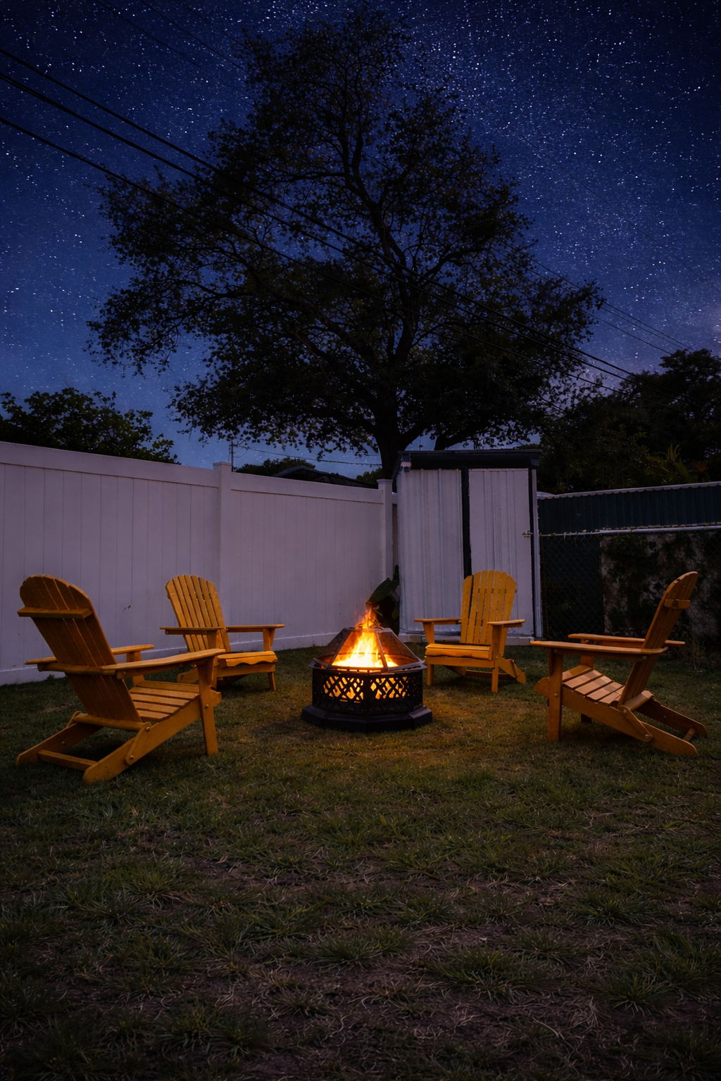 Backyard at night with four wooden chairs arranged around a fire pit, a tall tree, a white fence, and a starry sky overhead.