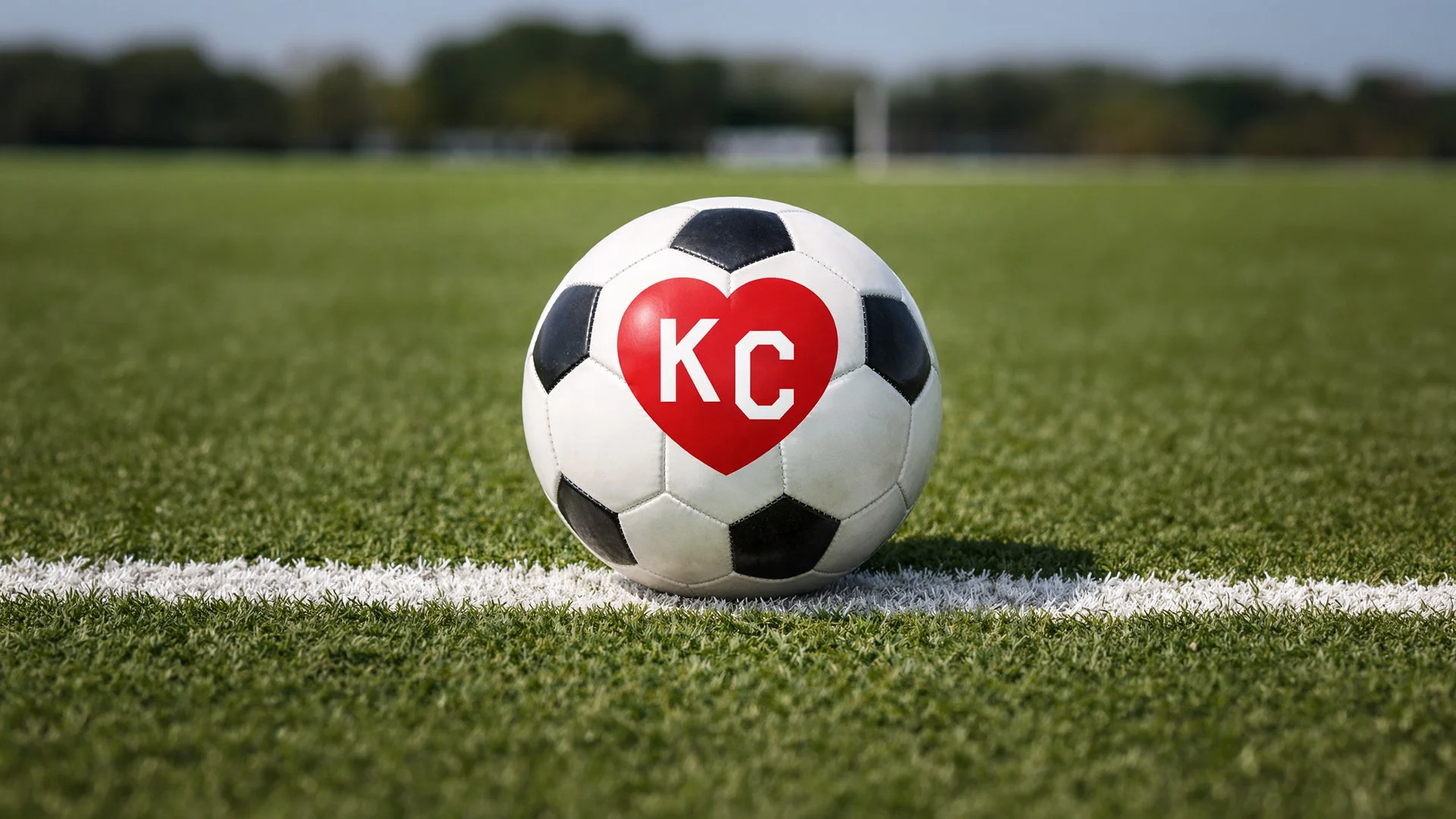 Soccer ball on field with Kansas City heart logo and initials KC in the center.