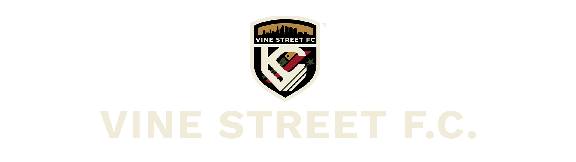 Vine Street F.C. logo with shield, city skyline, and text on black background.
