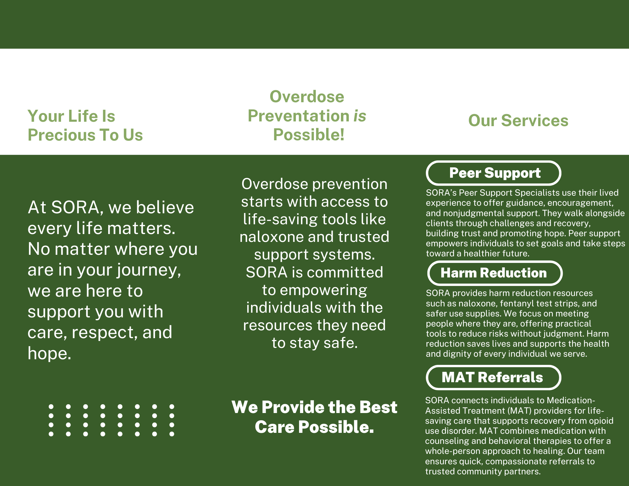 Educational brochure page from the Southern Oregon Recovery Alliance (SORA) capstone project highlighting overdose prevention strategies, harm reduction services, and peer support resources designed to reduce overdose deaths in Southern Oregon.