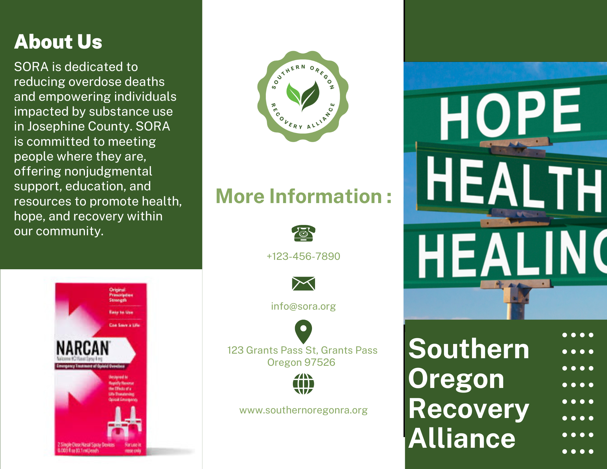Informational brochure page for the Southern Oregon Recovery Alliance (SORA), a mock capstone program designed by Southern Oregon University students to demonstrate community harm reduction, recovery support, and overdose prevention strategies.