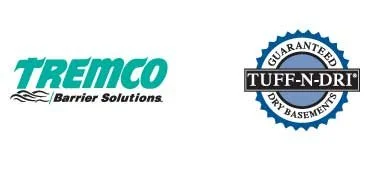 Tremco Barrier Solutions logo and Tuff-N-Dri 'guaranteed dry basements' badge.