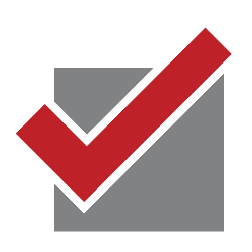 Red checkmark inside a white-bordered square.