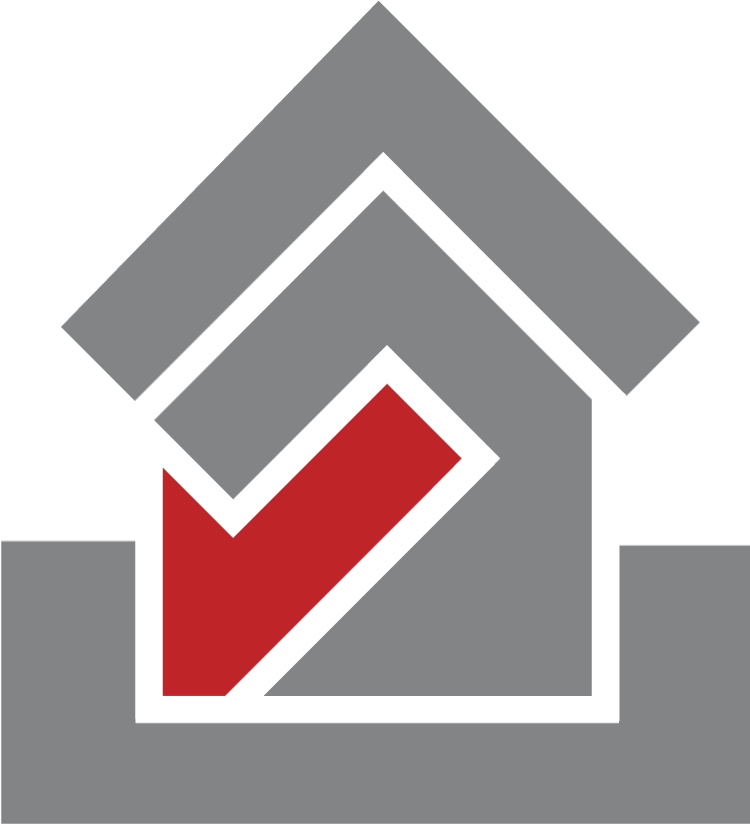 A stylized graphic of a house with a red arrow pointing downward inside it.