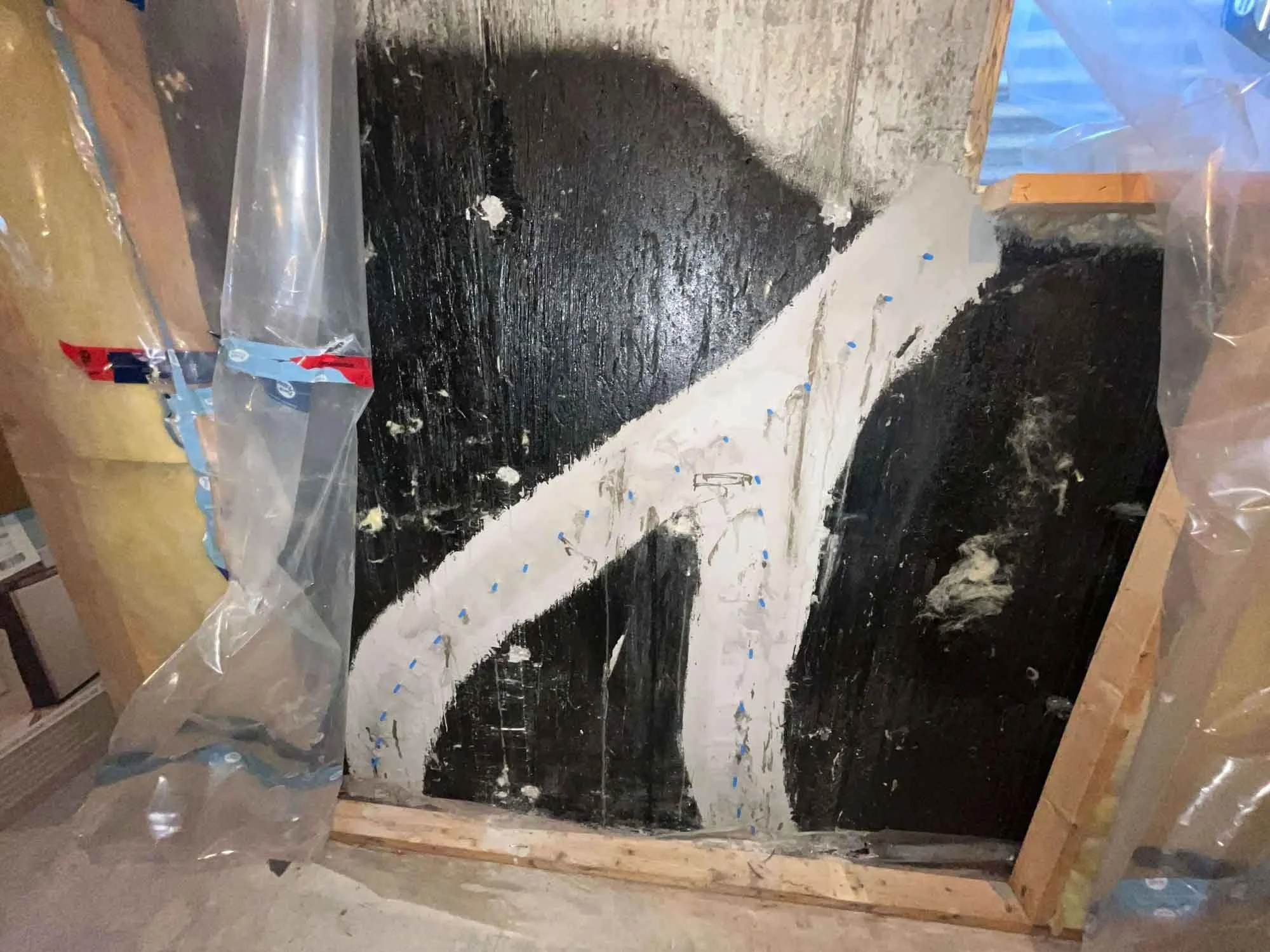 Foundation wall with black waterproofing membrane showing a diagonal crack sealed with Pro-Series Flexible Resin injection, with blue injection ports visible along the repair line.