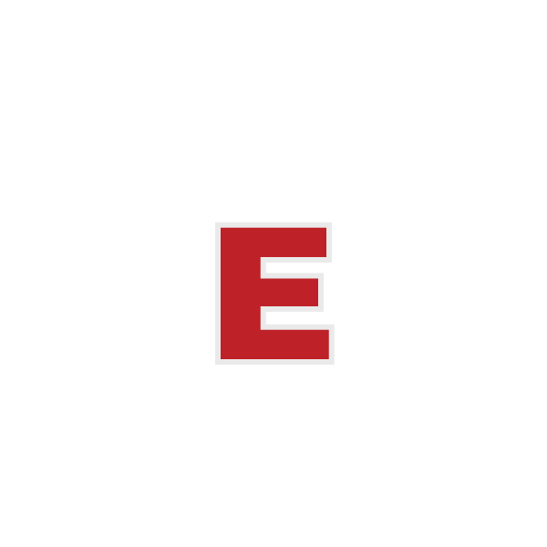 Letter 'E' in red on a white background, centered within a black backdrop.