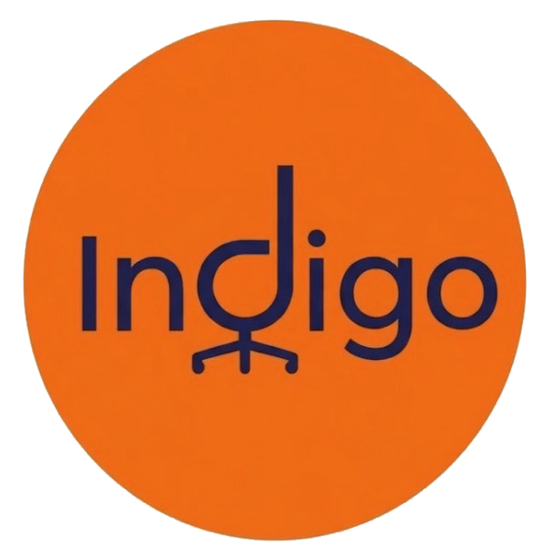 Indigo Office Furniture and Design logo, orange circle with the Indigo logo centered inside.
