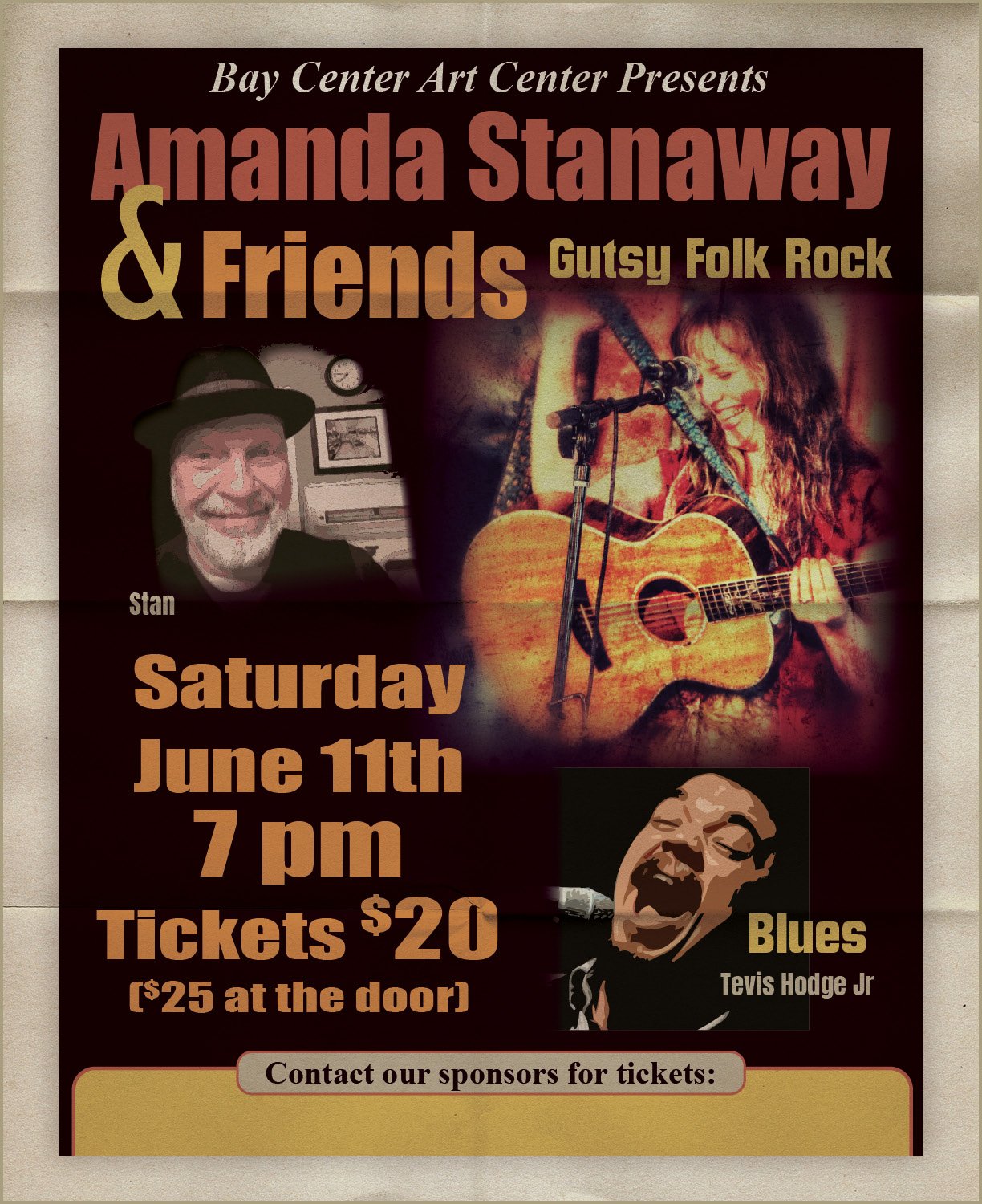 Poster for a music event featuring Amanda Stanaway & Friends, with Gutsy Folk Rock. The event is on Saturday, June 11th at 7 pm, tickets are $20, $25 at the door. The poster includes photos of Amanda playing guitar and singing, a portrait of Stan, an