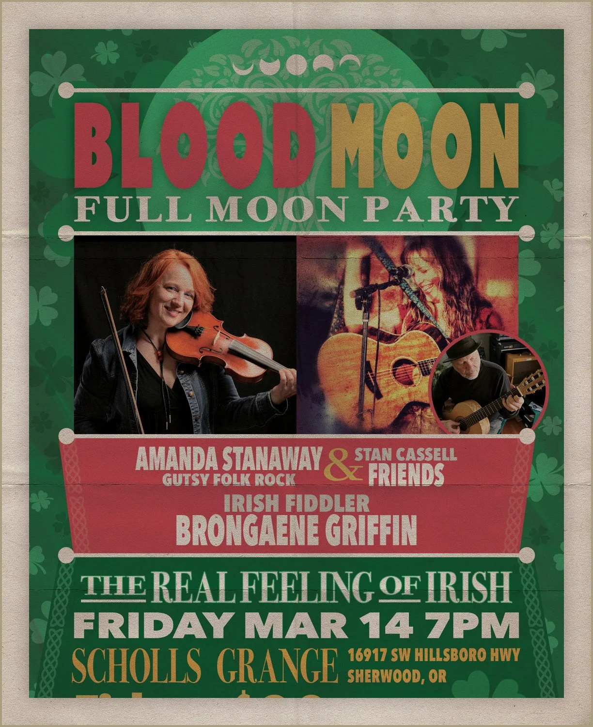 Poster for a full moon Irish music event featuring Amanda Stanaway, Irish fiddler, and Stan Cassell and friends, on Friday, March 14 at 7 PM at Scholls Grange, 16917 SW Hillsboro Hwy, Sherwood, OR. The poster has images of musicians playing instrumen