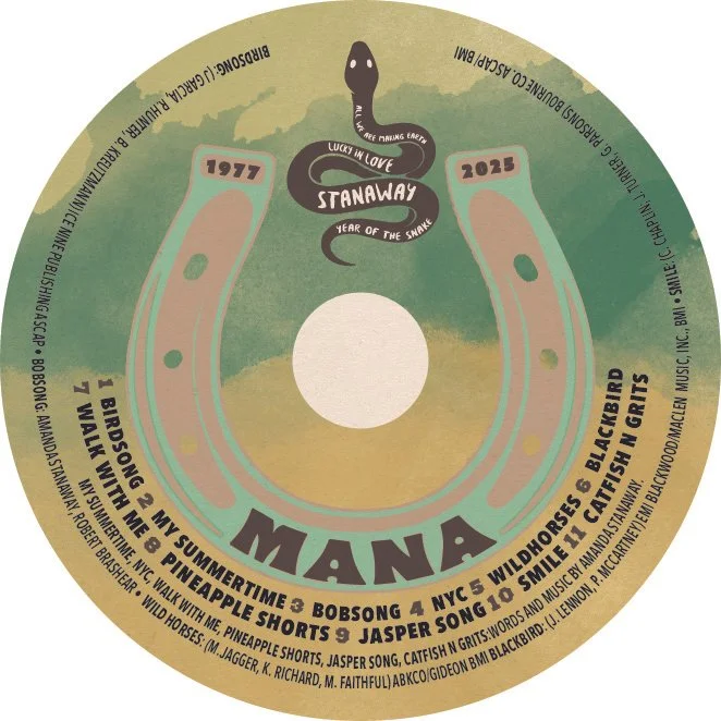 A CD label featuring a snake with a band's name and the years 1977 and 2025, and a list of song titles.