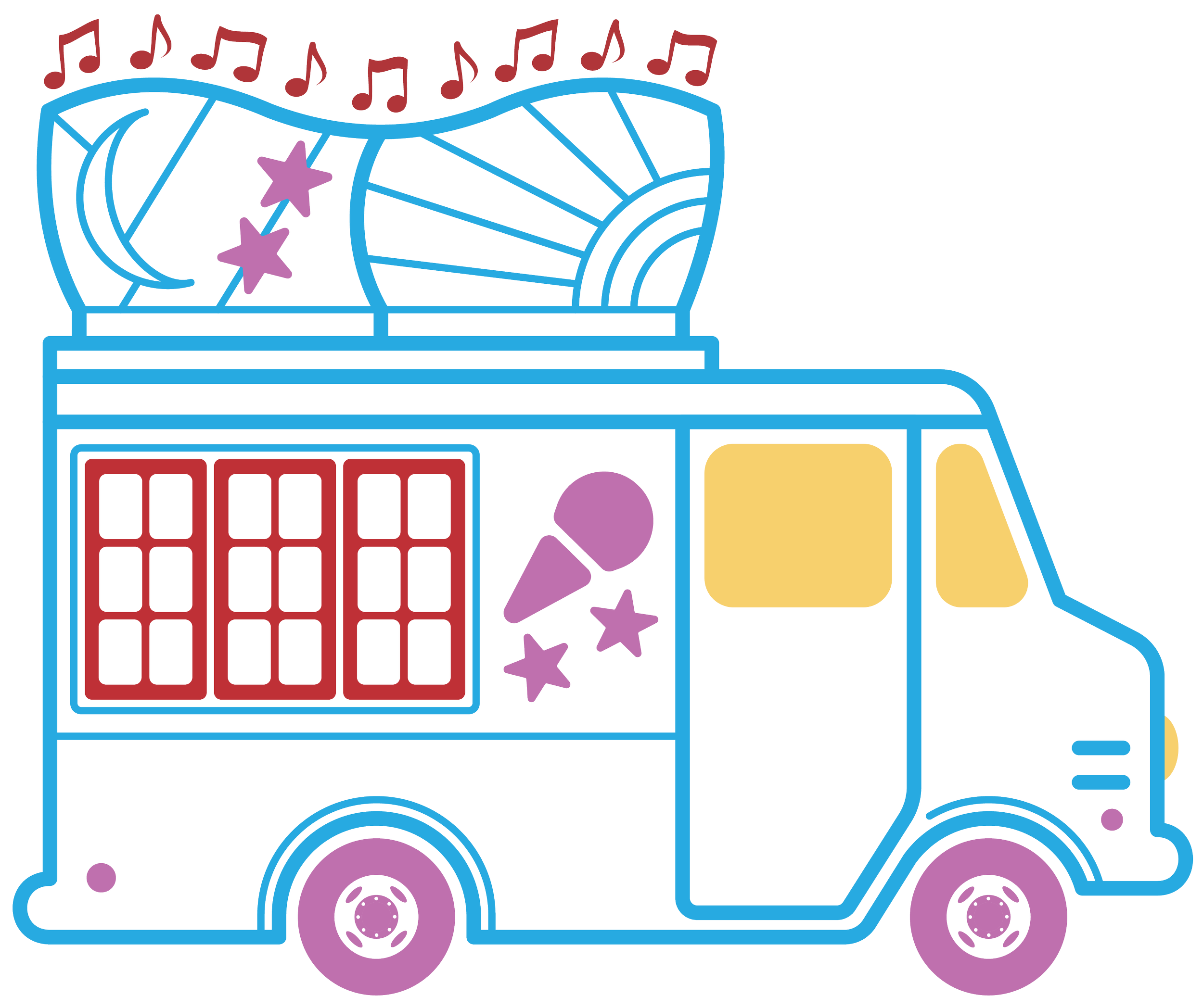 A colorful line drawing of a truck with space-themed decorations, including stars, moons, musical notes, and a person inside.