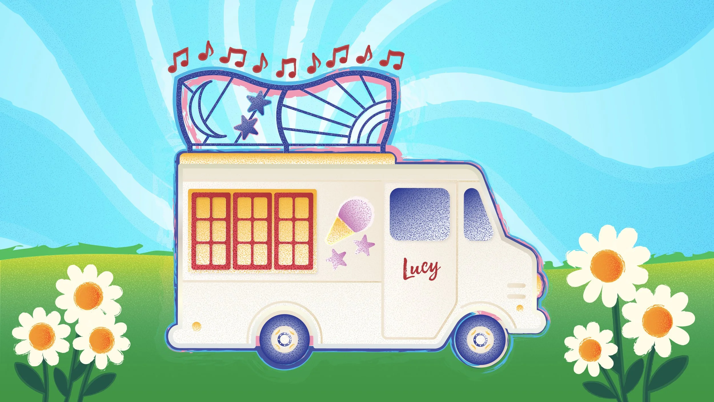 Colorful illustration of an ice cream truck with weather vane on top, surrounded by daisies on green grass and a bright sky.