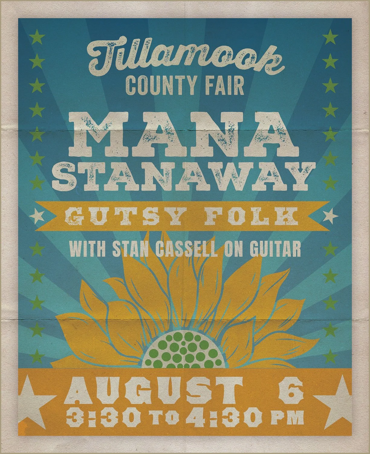 Poster for the Tullamore County Fair featuring main act Gutsy Folk with Stan Cassell on guitar, scheduled for August 6 from 3:00 to 4:30 PM, with a sunflower graphic and a blue background.